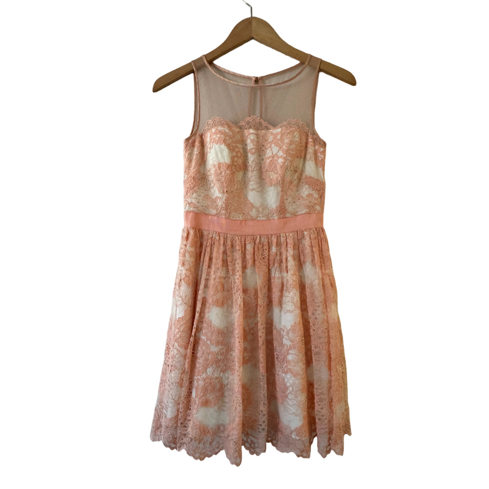 Aqua Lace Illusion Neck Fit Flare Cocktail Dress Size 0 Peach White Excellent
